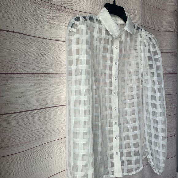 Polagram White Lattice Button Down Blouse Long Sleeve Pouf Shoulders Size Small - Picture 14 of 14
